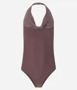 Body marrón de tule con escote drapeado, frente única y espalda descubierta.