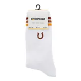 Calcetines blancos de algodón con rayas marrones y amarillas en el borde superior y logo de Caterpillar bordado en marrón.