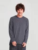 Remera gris de manga larga, cuello redondo y corte clásico.