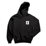 Canguro negro con capucha y bolsillo delantero, con logo de la marca Muertevideo en el pecho.