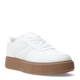 Zapatillas deportivas blancas con plataforma marrón clara y cordones blancos.