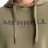 Buzo con capucha color verde militar, marca Merrell, con logo estampado en el pecho y bolsillo tipo canguro.