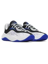 Championes de básquet Under Armour Curry Splash 25, color blanco con detalles en negro y azul. Diseñados para streetball, con suela de goma duradera, malla transpirable y revestimientos resistentes a la abrasión.
