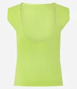 Blusa sin mangas color blanco, con cuello redondo y espalda abierta con escote en U.