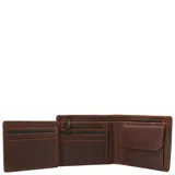 Billetera de cuero marrón con costuras a la vista, diez ranuras para tarjetas, ventana para identificación y dos bolsillos con cierre. Cuenta con tecnología RFID para proteger contra el robo de datos.