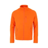 Campera deportiva naranja de poliéster con cremallera frontal, cuello alto, bolsillos con cierre en el pecho y para las manos.