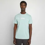 Camiseta verde agua de manga corta con estampado frontal de la marca Persimmons en color blanco.