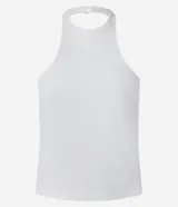 Blusa blanca de microfibra con cuello halter, sin mangas y corte ajustado. Posee abotonado en el cuello y fruncidos laterales.