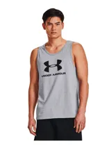 Musculosa gris de Under Armour con logo grande en el frente.