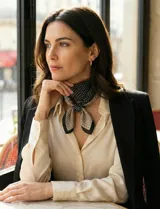 Pañuelo cuadrado de satén estampado con patrón geométrico en tonos blanco, negro y beige.