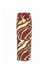 Falda midi de algodón con estampado de cebra en rojo y blanco, corte recto y abertura lateral.