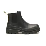 Botín Chelsea CAT Footwear Hardwear, color negro, con elástico lateral y tirador trasero amarillo. Suela chunky con plataforma y dibujo dentado.
