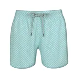 Short de baño color verde agua con estampado geométrico de rombos blancos, cintura elástica y cordón de ajuste gris.