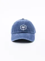 Gorra de béisbol azul con logo de palmera blanca bordado en el frente.
