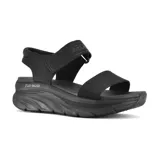 Sandalias deportivas Skechers D'Lux Walker color negro, con tiras ajustables con velcro, plantilla Luxe Foam y media suela Skech-Foam para mayor amortiguación.