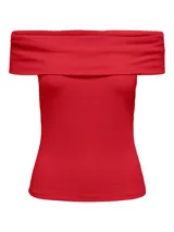 Top rojo con hombros descubiertos, mangas cortas y corte regular.
