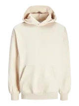 Hoodie color beige de manga larga y cuello con capucha. Tiene un fit holgado con bolsillo canguro.