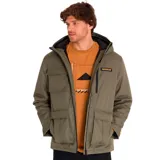 Chaqueta Caterpillar color verde militar con capucha ajustable, cierre frontal con cremallera y solapa interior, bolsillos superiores en el pecho y laterales inferiores, forro acolchado triangular y tres bolsillos interiores.