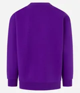 Buzo relaxed de algodón y poliéster color violeta, con cuello redondo, puños y bajo acanalados, y estampa frontal con diseño gráfico y texto.