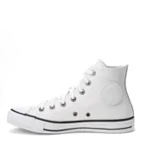 Championes Converse Chuck Taylor All Star HI de cuero blanco con detalles en negro en la suela y ojales metálicos plateados. Zapatillas de caña alta con cordones blancos.
