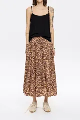 Falda midi de algodón con estampado de leopardo en tonos beige y marrón, corte en línea A, cintura elástica y bolsillos laterales tipo parche.