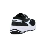 Championes deportivos Diadora modelo Rush, color negro con logo y detalles en blanco. Presentan una capellada de malla transpirable, cordones bicolores (negro y blanco) y una suela gruesa de espuma blanca.