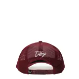 Gorra de béisbol bordó con paneles traseros de malla y logo bordado en blanco en el frente.