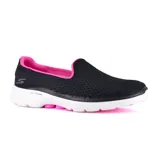 Championes Skechers GOwalk 6 Big Splash, color negro con interior rosa. Capellada de malla deportiva, plantilla Air-Cooled Goga Mat, amortiguación ULTRA GO y tecnología Hyper Pillar.
