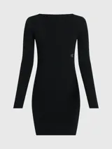 Vestido corto negro de punto de algodón orgánico, con cuello redondo, mangas largas y espalda descubierta con cierre de gancho.