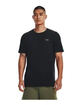 Remera negra de hombre Under Armour Rush Seamless Leg, de corte clásico y mangas cortas. Presenta logo de la marca en el pecho y detalle de color en la manga.