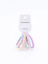 Set de cuatro coleros de pelo con trenzado multicolor y cuentas de plástico.