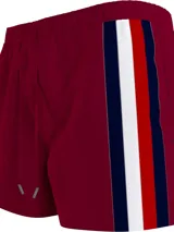 Short de baño rojo con cintura elástica ajustable con cordón y rayas verticales blancas, azul marino y rojas en el lateral.