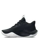 Championes de básquet Under Armour UA Jet 23, color negro con detalles dorados y suela blanca.