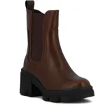 Botas de cuero sintético color marrón, con caña baja, elástico lateral y taco cuadrado.