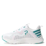 Championes blancos con detalles en celeste y rosa, de tela de red y suela blanca con base celeste.