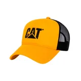Gorro de camionero color amarillo con logo CAT negro estampado en el frente y paneles traseros de malla negra.