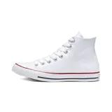 Championes Converse Chuck Taylor All Star de caña alta, color blanco, con detalles en rojo y azul en la suela.