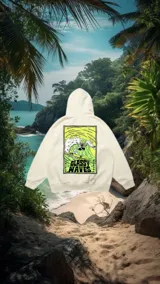 Buzo hoodie color natural con estampado en la espalda de una ola y el texto "Glassy Waves".