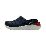 Zuecos Crocs Literide Clog color azul marino con suela blanca y detalles en rojo en el talón.