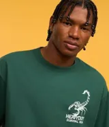 Remera verde oscuro de algodón, corte boxy, con cuello redondo y mangas cortas. Estampa frontal y trasera con lettering y dibujo de un escorpión.