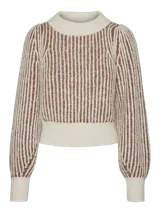 Sweater de punto color crudo con rayas verticales marrones, de corte cropped y mangas abullonadas.