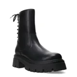 Botas de caña media negras, estilo militar o combate, con plataforma gruesa dentada y cordones de strass.