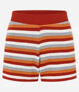 Short de punto con estampado de rayas horizontales en tonos rojo, naranja, gris y blanco. Tiene cintura elástica y corte regular.