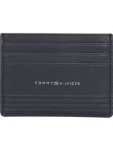 Tarjetero Tommy Hilfiger de cuero azul marino con múltiples ranuras para tarjetas y logo de la marca estampado en el frente.