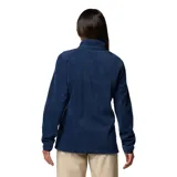Buzo polar Columbia para mujer, color azul marino, con cuello alto abotonado y logo bordado en el pecho.