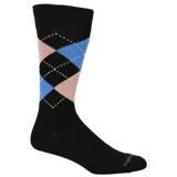 Pack de tres pares de calcetines de vestir con diseño argyle en diferentes combinaciones de colores: negro con rombos rosa y celeste, azul marino con rombos rojos y grises, y gris con rombos verde agua y negros.