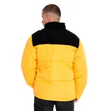 Campera puffer amarilla con cuello alto y parte superior en pana negra. Tiene cierre frontal con velcro, bolsillos laterales con cierre y puños ajustables.