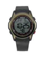 Reloj Mistral deportivo con correa de silicona negra y caja dorada. Pantalla digital con visualización de hora, fecha y cronómetro. Resistente al agua.