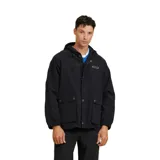 Campera negra con capucha, cierre frontal y bolsillos en la parte frontal.