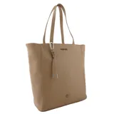 Bolso tipo shopper de material sintético texturizado color beige, con dos asas de hombro. Presenta un dije colgante con cordón anudado y terminales metálicas. En la parte superior lleva grabado el logo "OREIRO LOVE" y en la parte inferior central un pequeño aplique metálico con forma de labios.